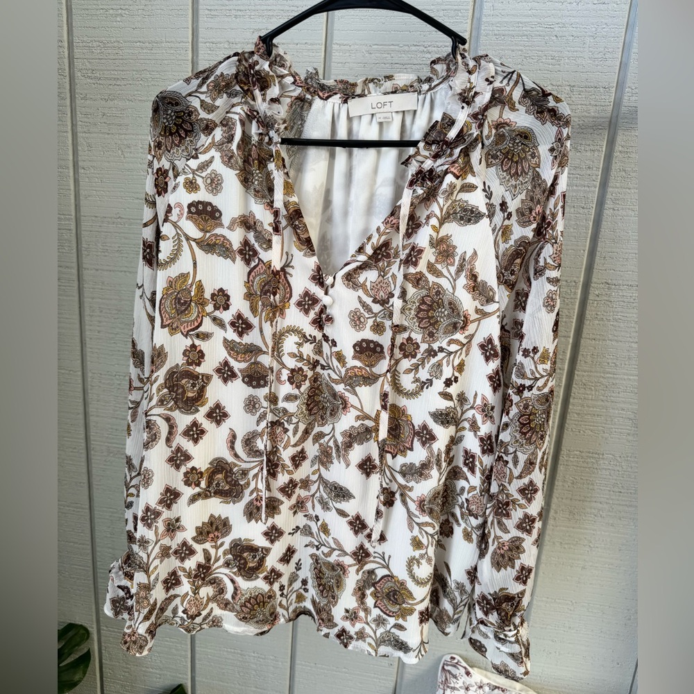 LOFT Brown and White Tie Front Long Sleeve Blouse
